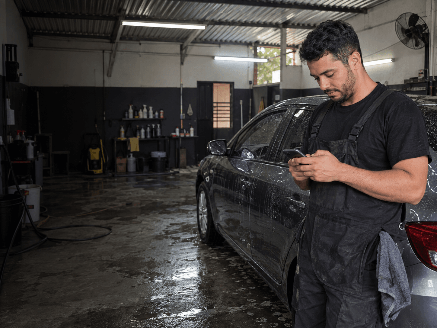 Profissional de estética automotiva atualizando o catálogo pelo celular dentro da oficina