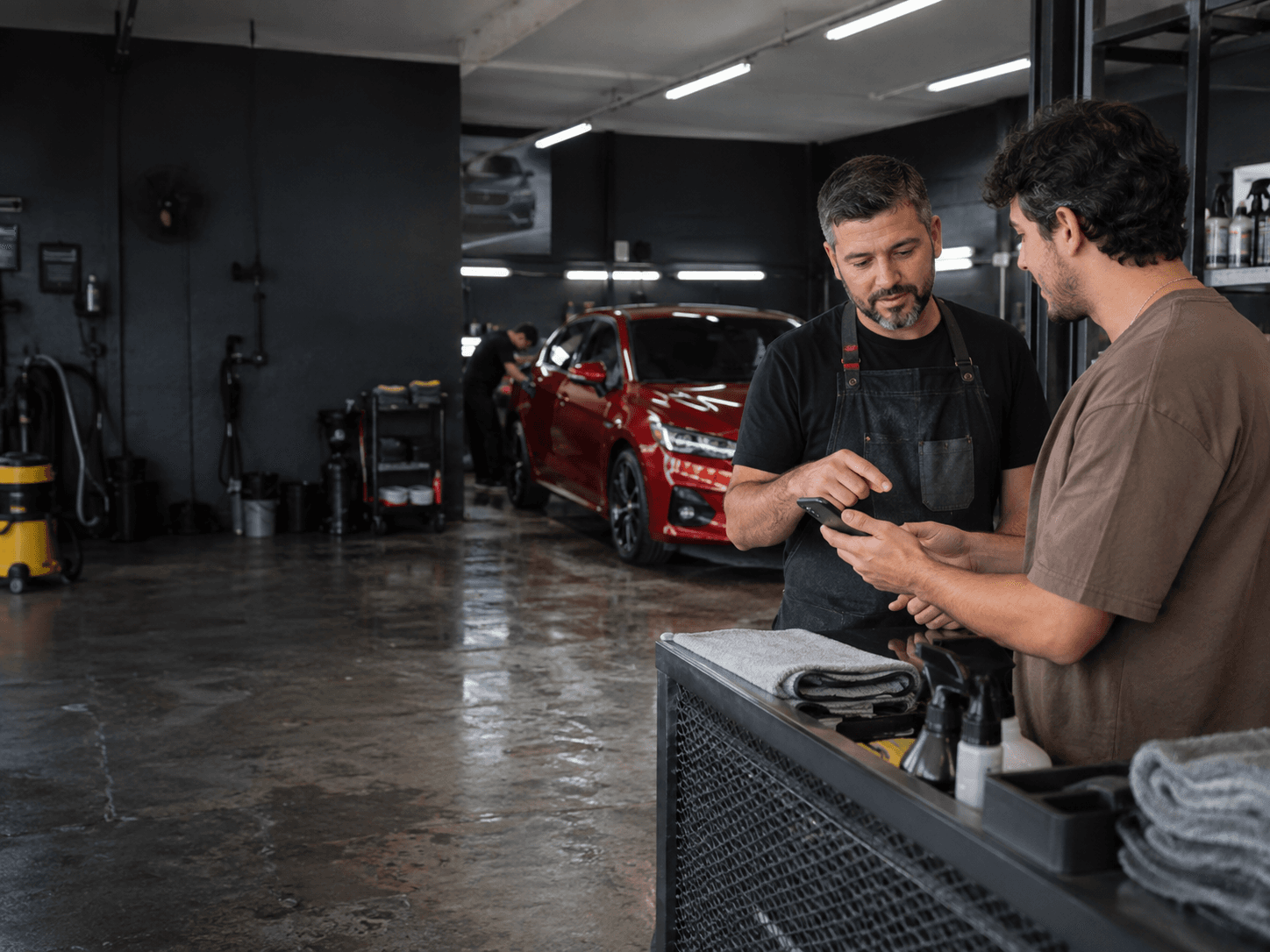 Cliente e profissional confirmando um serviço pelo celular dentro de uma estética automotiva