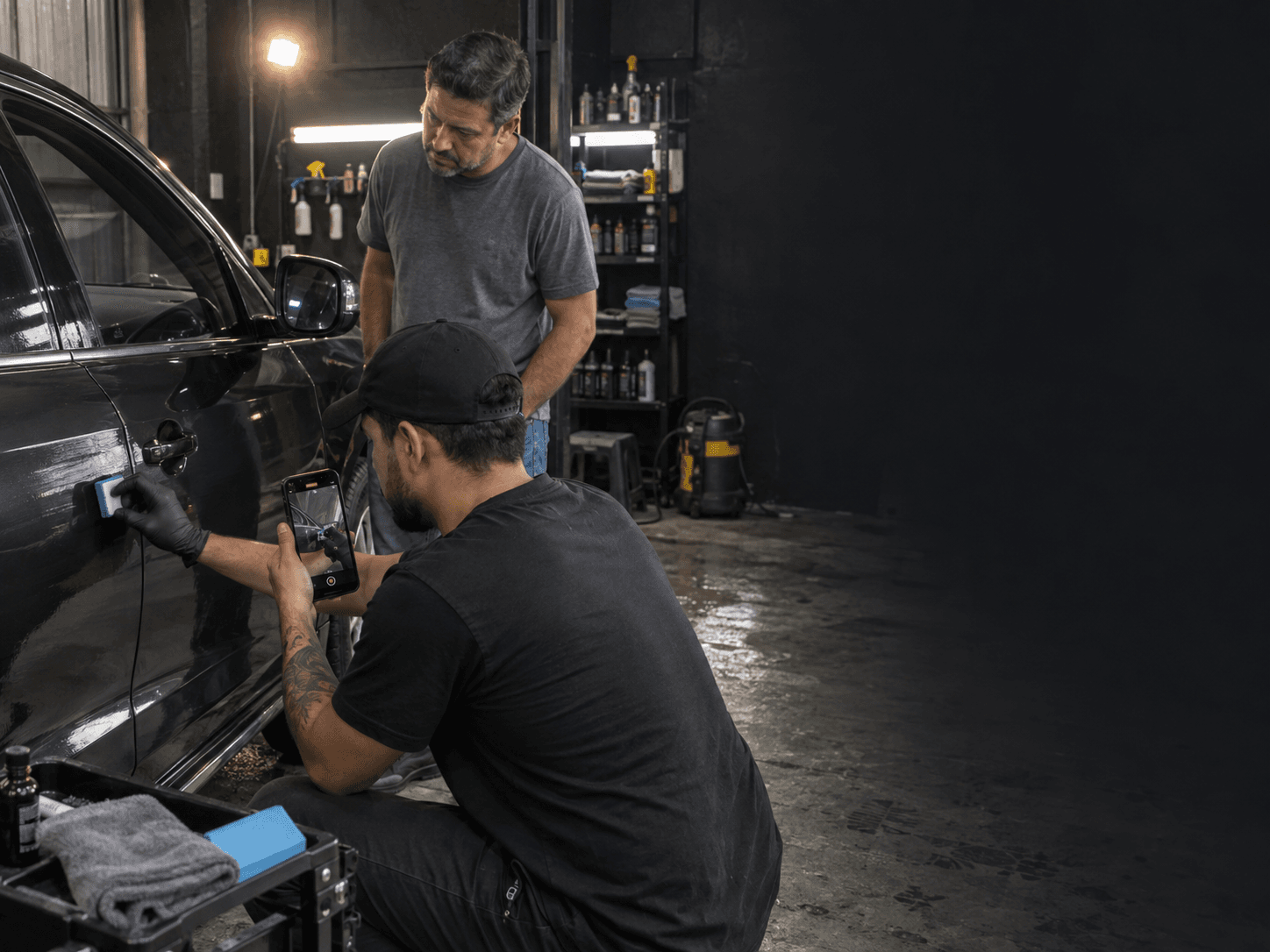 Profissional gravando o resultado de um serviço na oficina