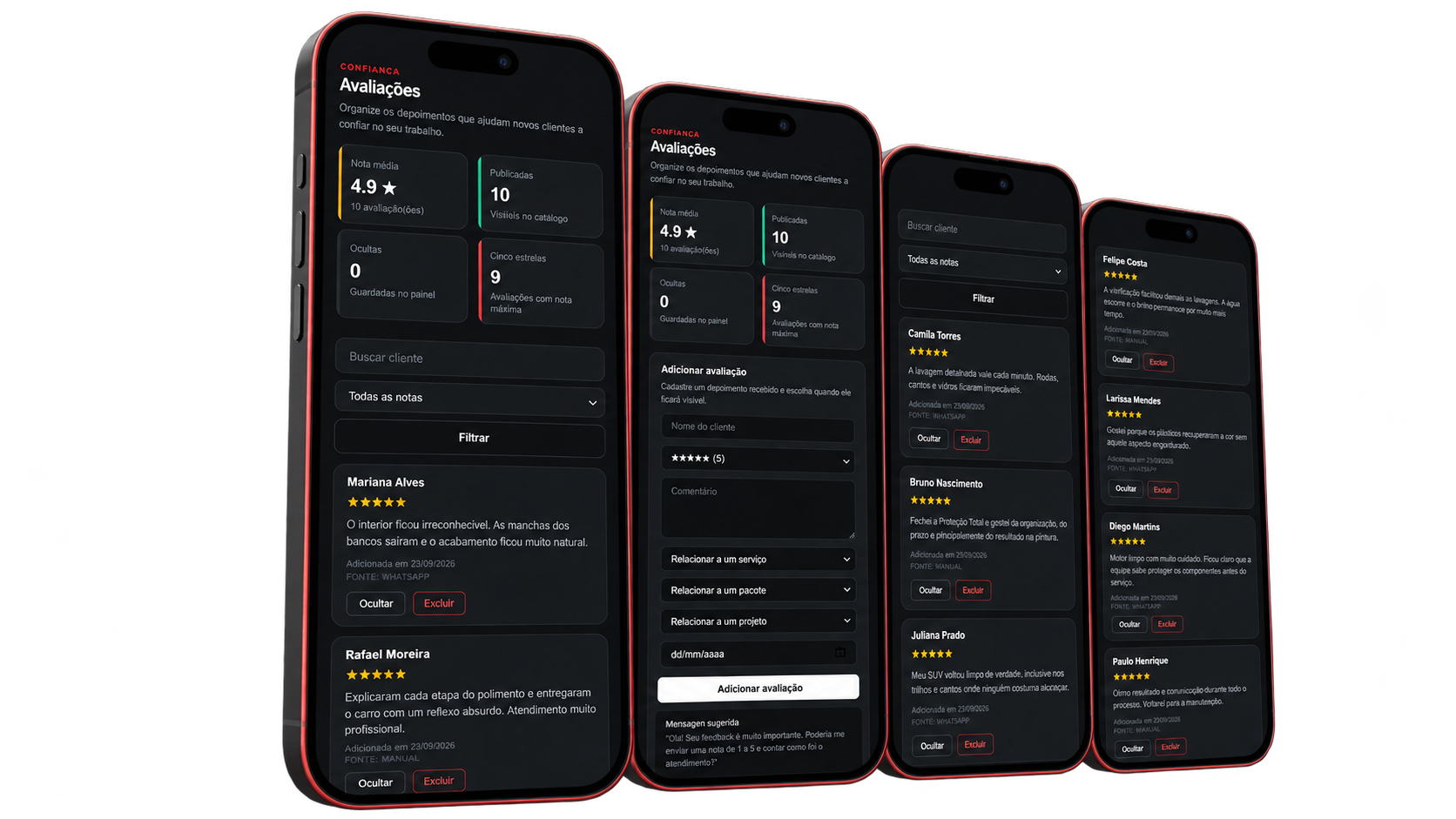 Mockup de avaliações de clientes com nota média, formulário e depoimentos