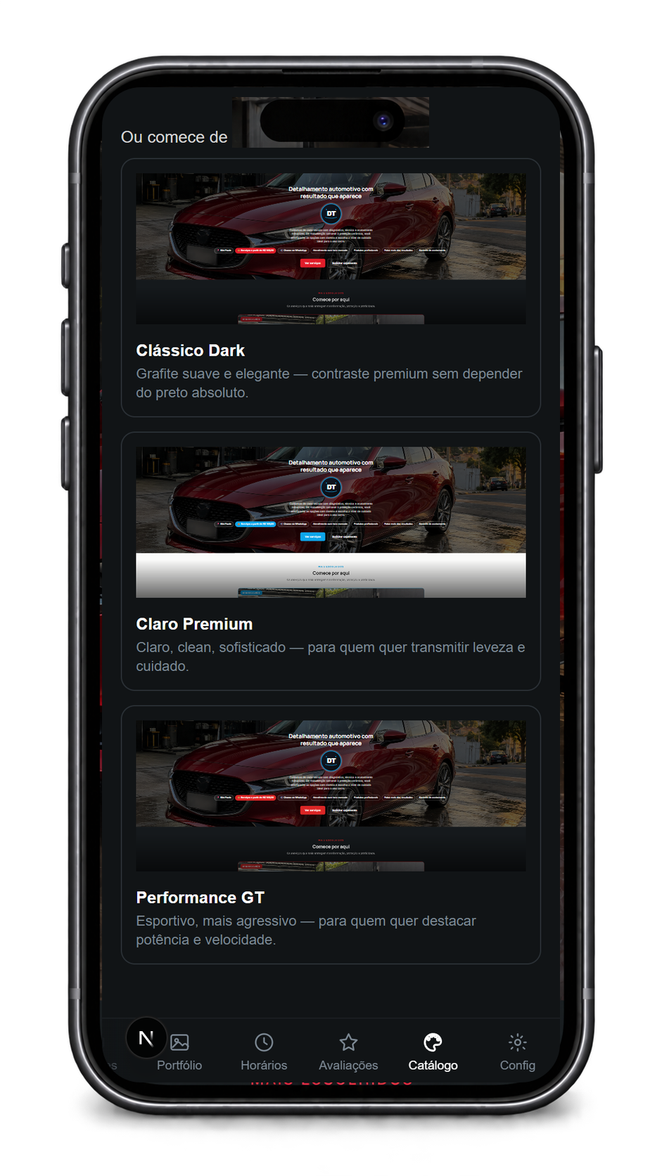 Editor da Vitrine Detail com seleção de templates aberto em um iPhone preto