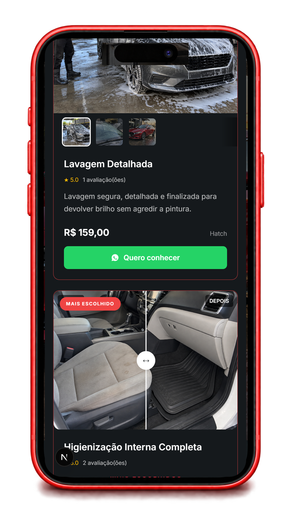 Card de serviço da Vitrine Detail com preço e botão de WhatsApp em um iPhone vermelho