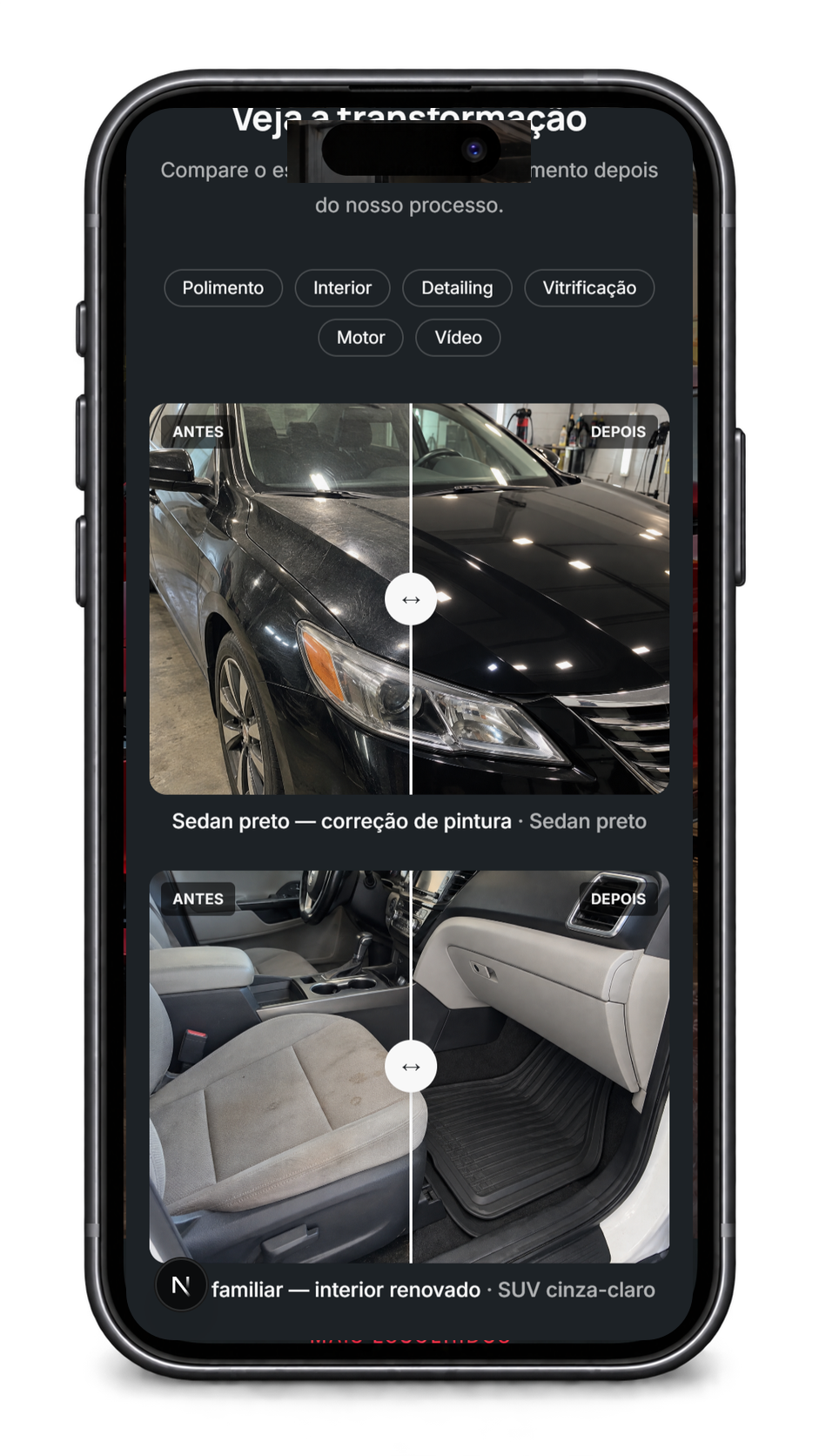 Comparação real de antes e depois do catálogo em um iPhone preto